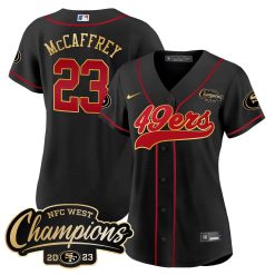 Women's 49ers 2023 NFC West Champions Baseball Gold Trim Jersey - All Stitched