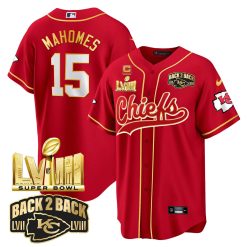 Men's Chiefs Super Bowl LVIII & Back 2 Back Gold Patch Baseball Jersey - All Stitched